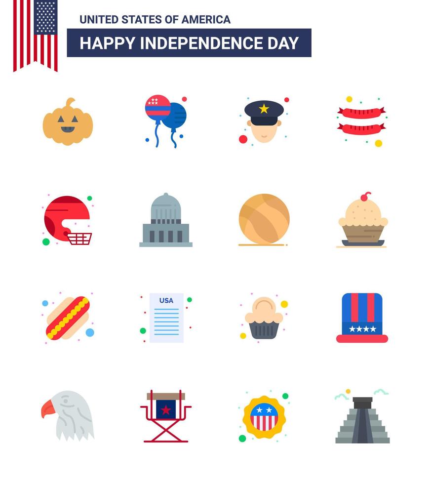 paquete de 16 letreros planos de celebración del día de la independencia de EE. UU. Y símbolos del 4 de julio, como salchichas de fútbol del oficial de casco estatal, elementos de diseño vectorial editables del día de EE. UU. vector