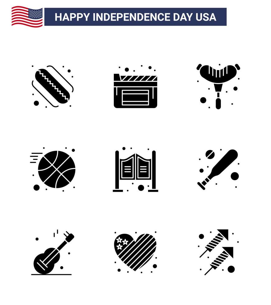 Group of 9 Solid Glyphs Set for Independence day of United States of America such as bat western sausage saloon door Editable USA Day Vector Design Elements