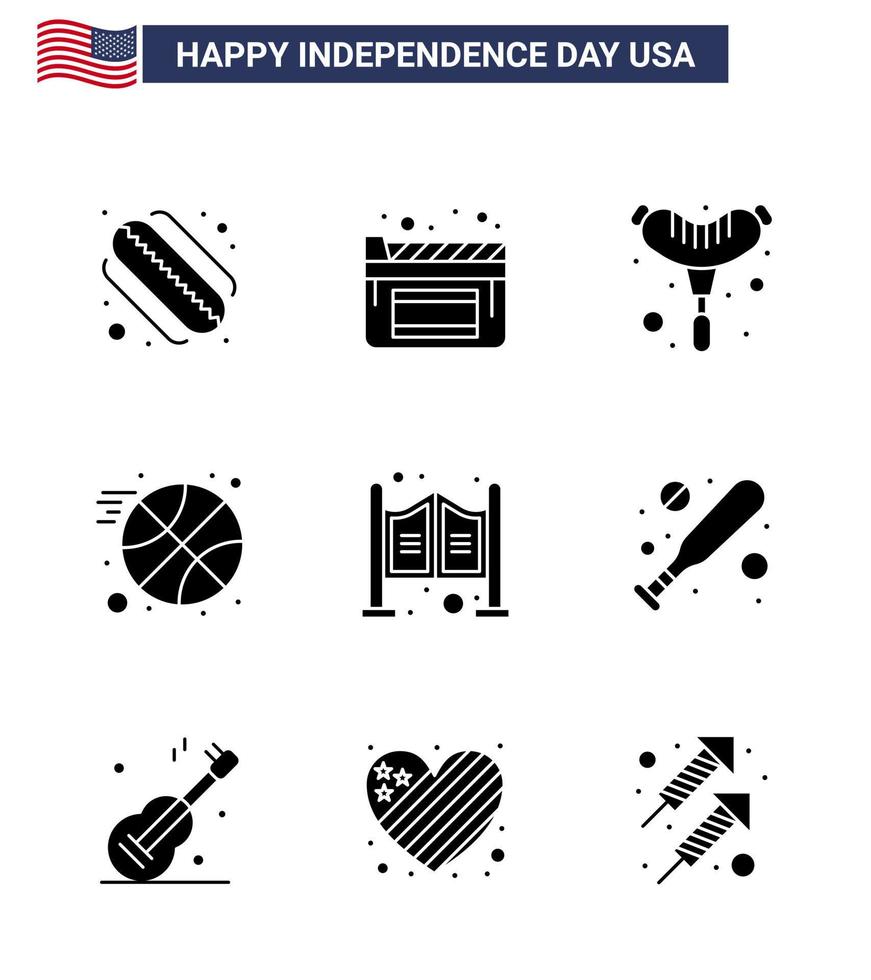 grupo de 9 glifos sólidos establecidos para el día de la independencia de los estados unidos de américa, como la puerta del salón de salchicha occidental de murciélago elementos de diseño vectorial del día de estados unidos editables vector