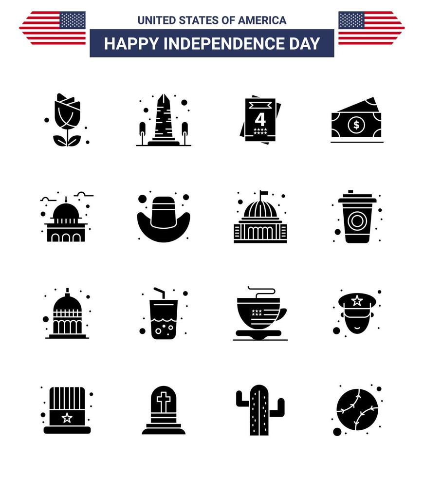 16 USA Solid Glyph Pack of Independence Day Signs and Symbols of house usa washington amearican dollar Editable USA Day Vector Design Elements