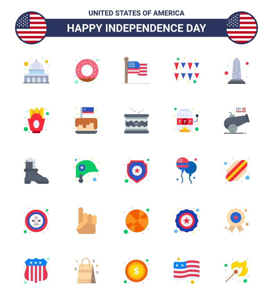 Set of 25 Vector Flats on 4th July USA Independence Day such as usa monument flag landmark garland Editable USA Day Vector Design Elements
