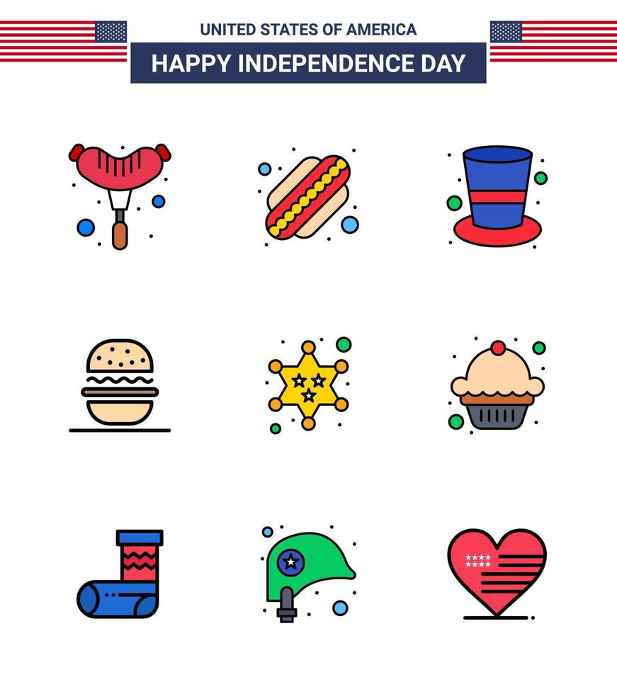 Modern Set of 9 Flat Filled Lines and symbols on USA Independence Day such as star military hat badge american Editable USA Day Vector Design Elements