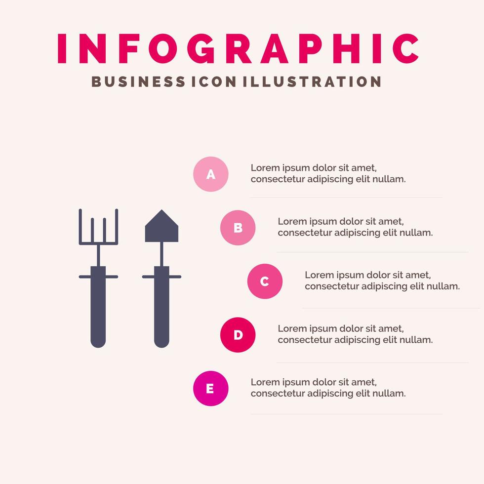 jardín jardinero rastrillo pala sólido icono infografía 5 pasos presentación antecedentes vector