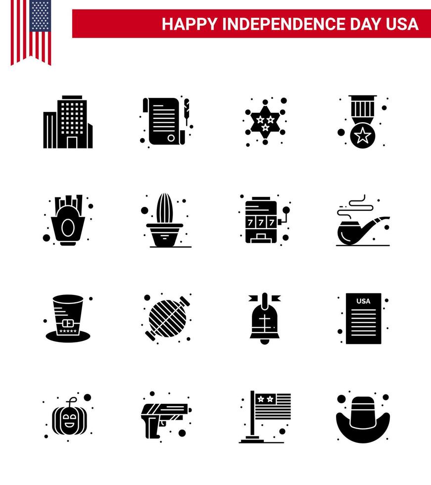 Happy Independence Day 16 Solid Glyphs Icon Pack for Web and Print food french fries police chips medal Editable USA Day Vector Design Elements