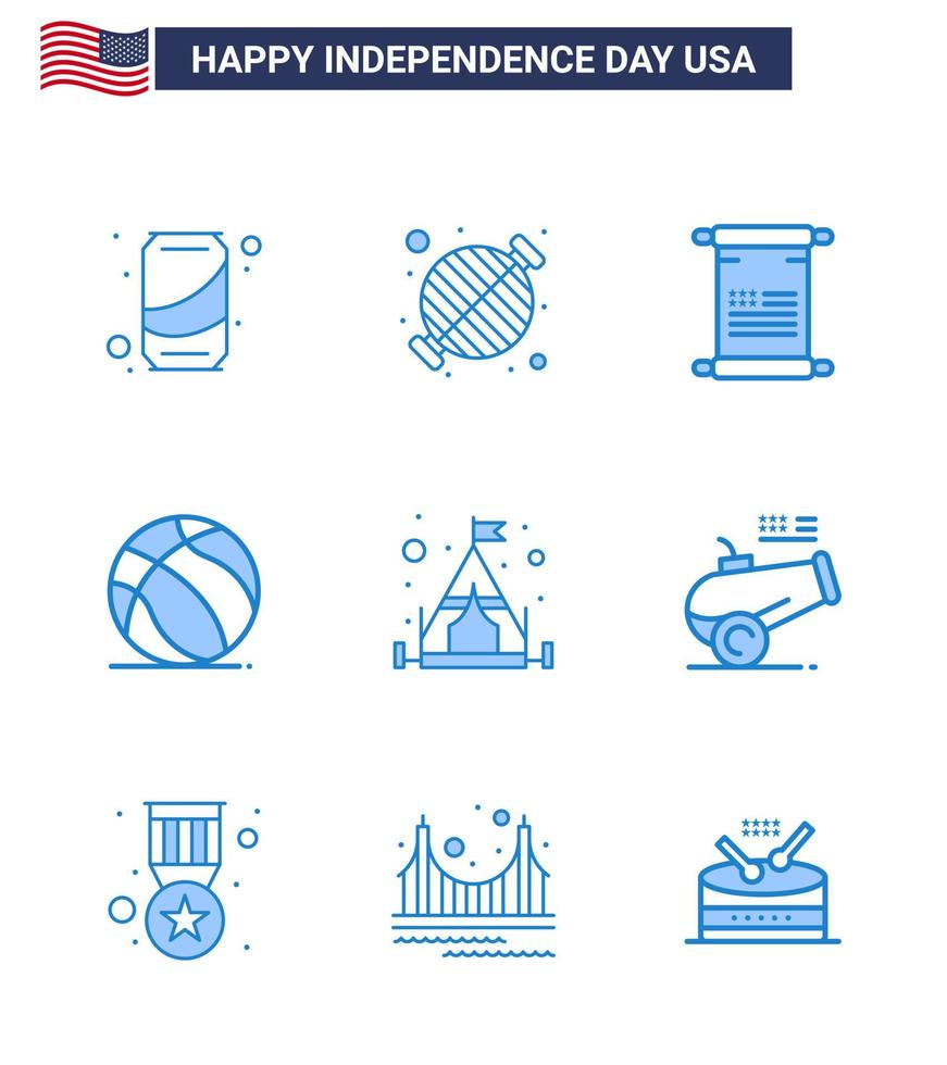 Group of 9 Blues Set for Independence day of United States of America such as camp american party ball usa Editable USA Day Vector Design Elements