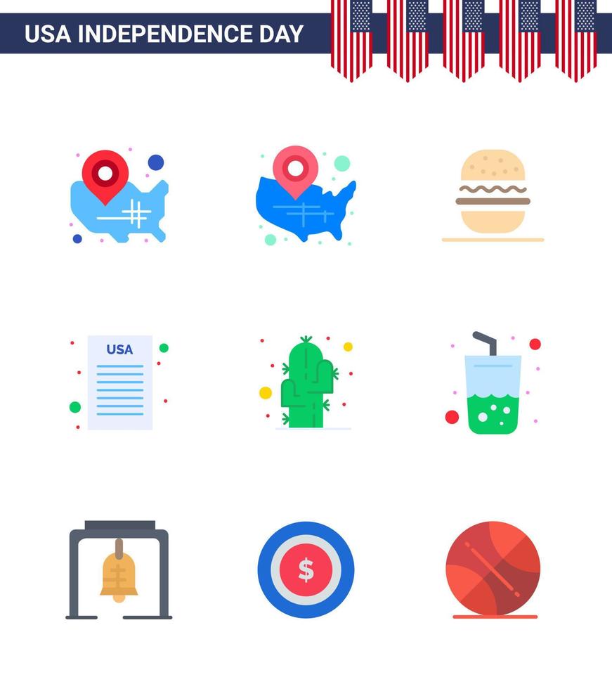 Happy Independence Day 4th July Set of 9 Flats American Pictograph of drink desert usa plant cactus Editable USA Day Vector Design Elements