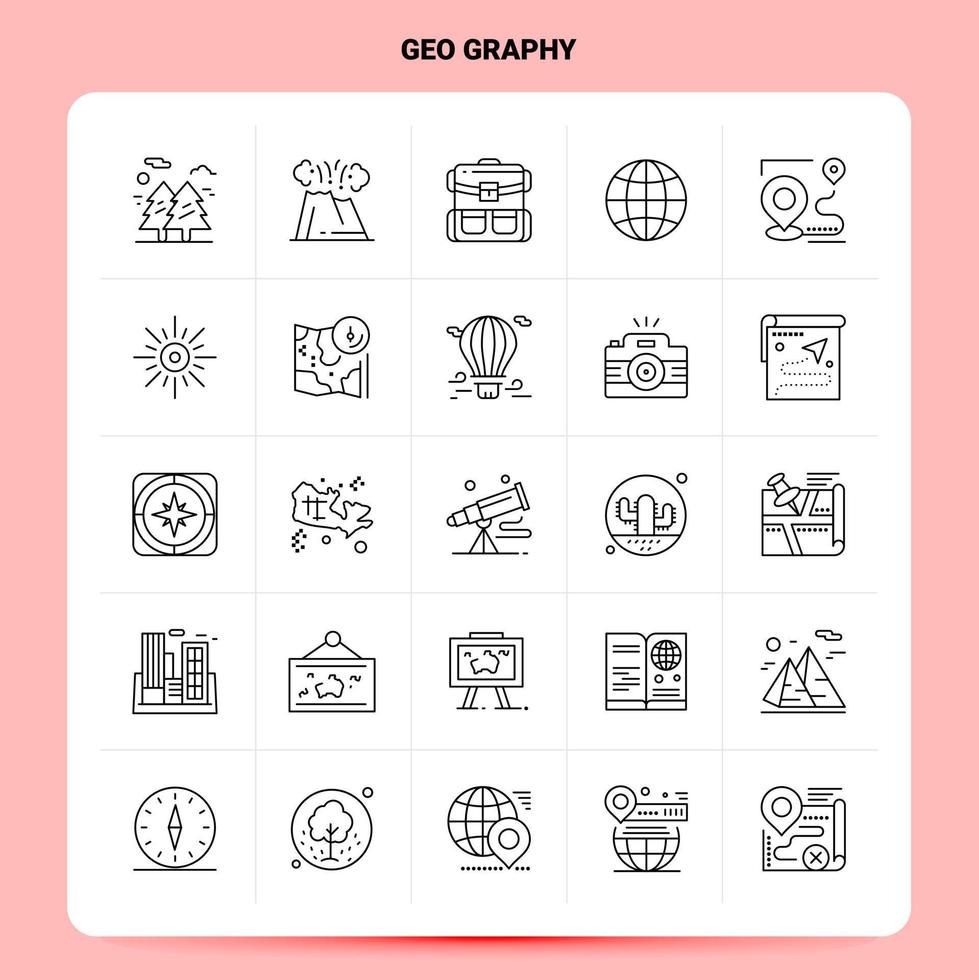 esquema 25 conjunto de iconos de geografía diseño de estilo de línea vectorial conjunto de iconos negros conjunto de pictogramas lineales diseño de ideas de negocios web y móvil ilustración vectorial vector