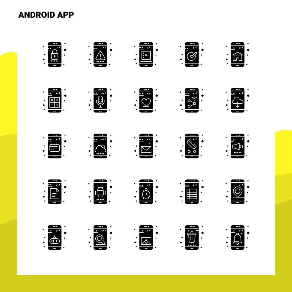 25 conjunto de iconos de aplicaciones de Android plantilla de ilustración de vector de icono de glifo sólido para ideas web y móviles para empresa comercial