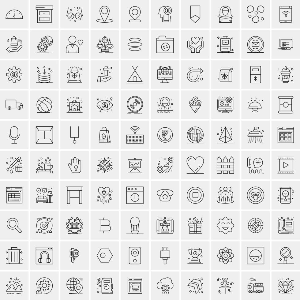 100 Universal Black Line Icons on White Background vector