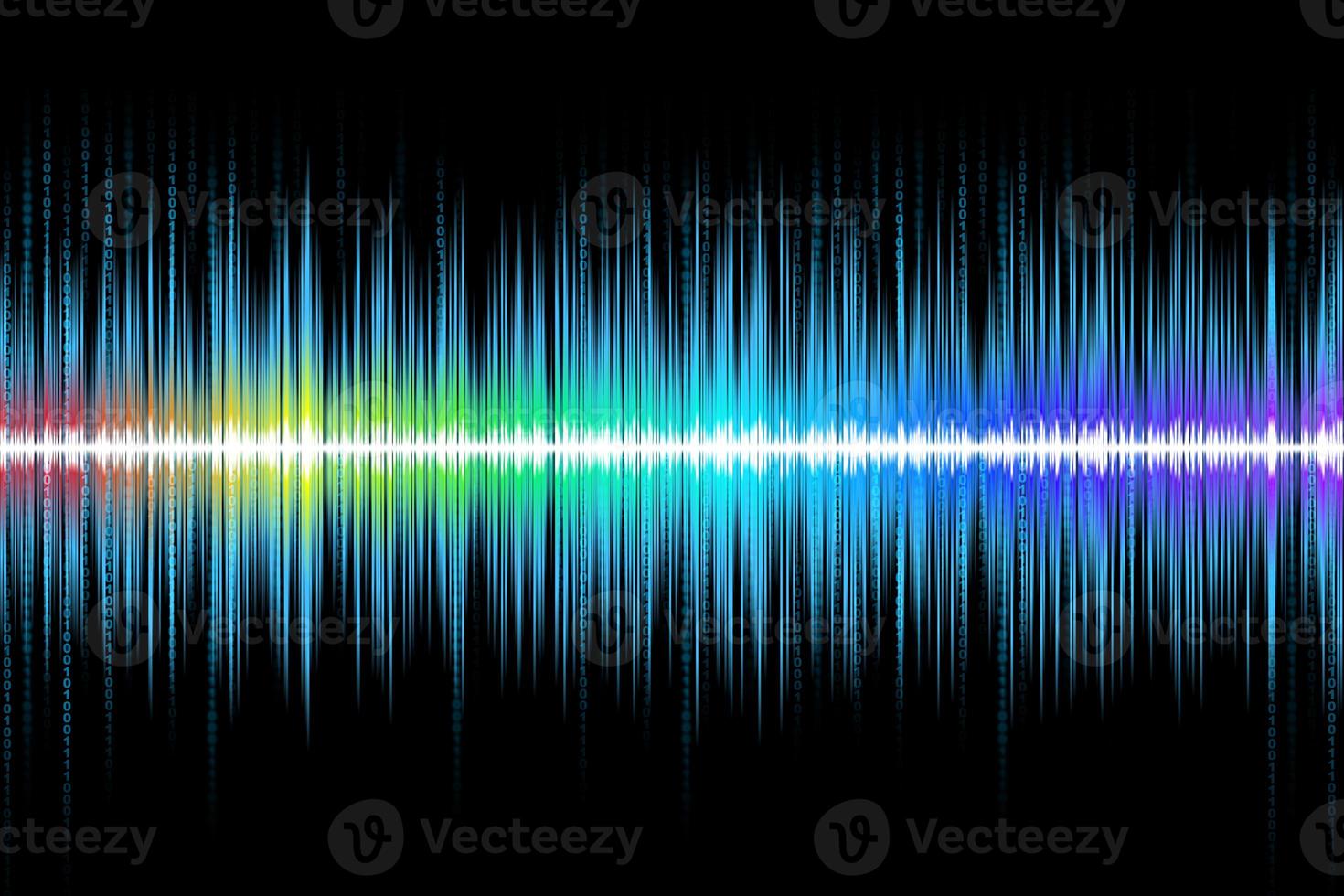 Abstract colorful rhythmic digital sound wave with binary code on black background. Sound waveform. Digital information photo