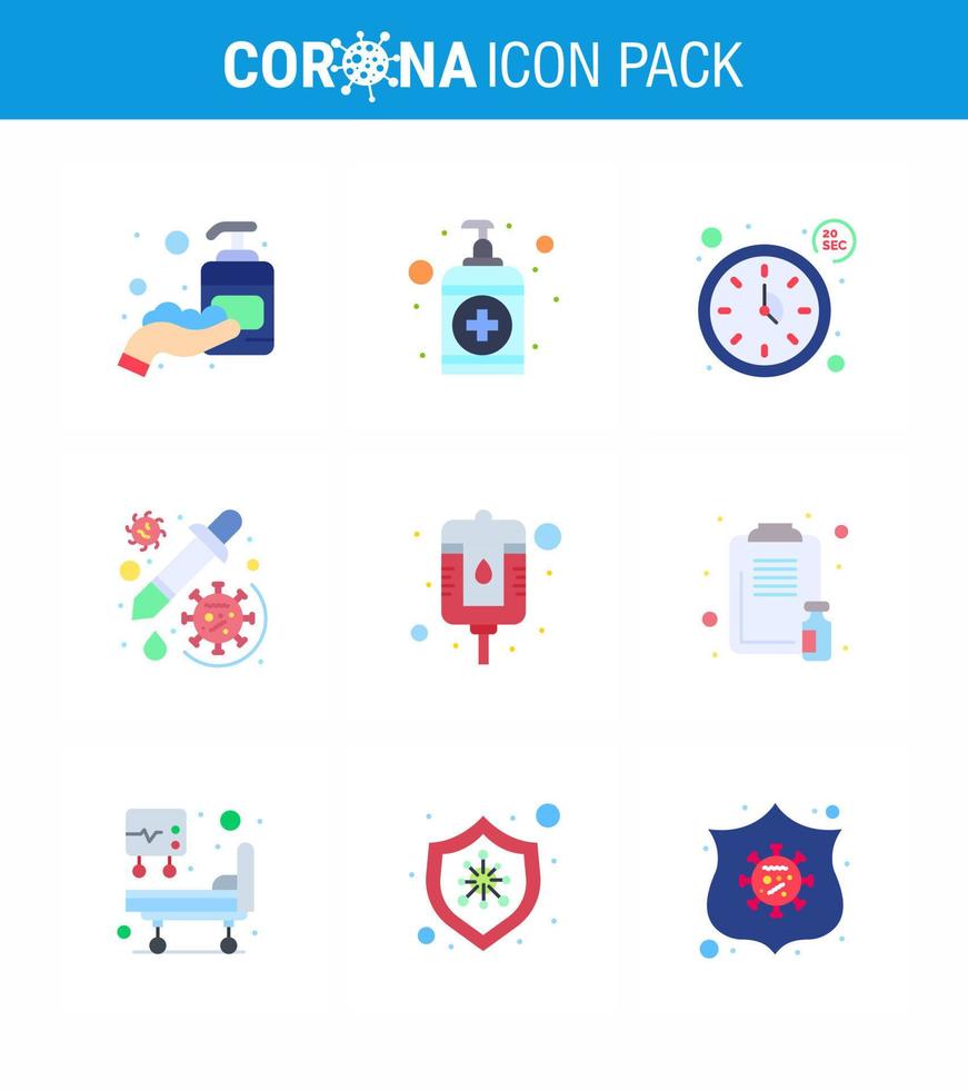 Corona virus 2019 and 2020 epidemic 9 Flat Color icon pack such as blood vaccine clock dropper drug viral coronavirus 2019nov disease Vector Design Elements