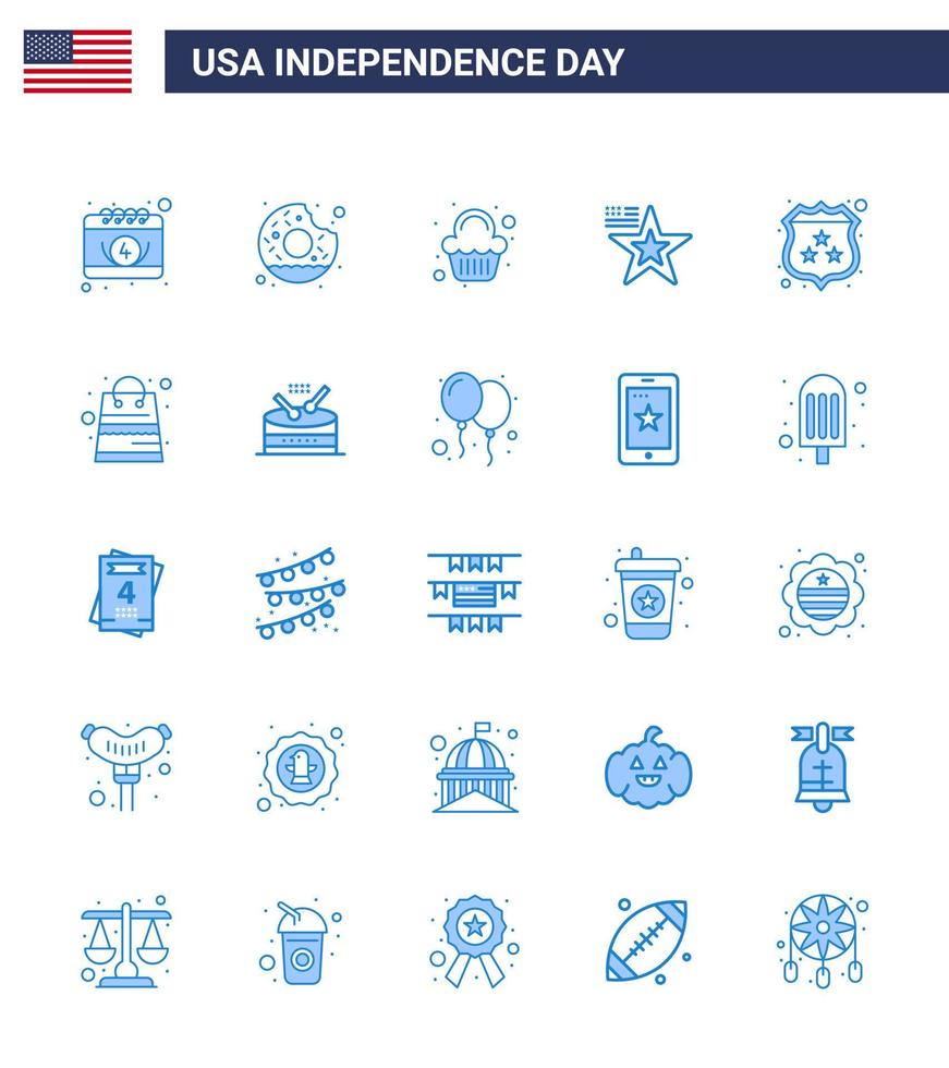 Set of 25 Vector Blues on 4th July USA Independence Day such as security usa cake flag star Editable USA Day Vector Design Elements