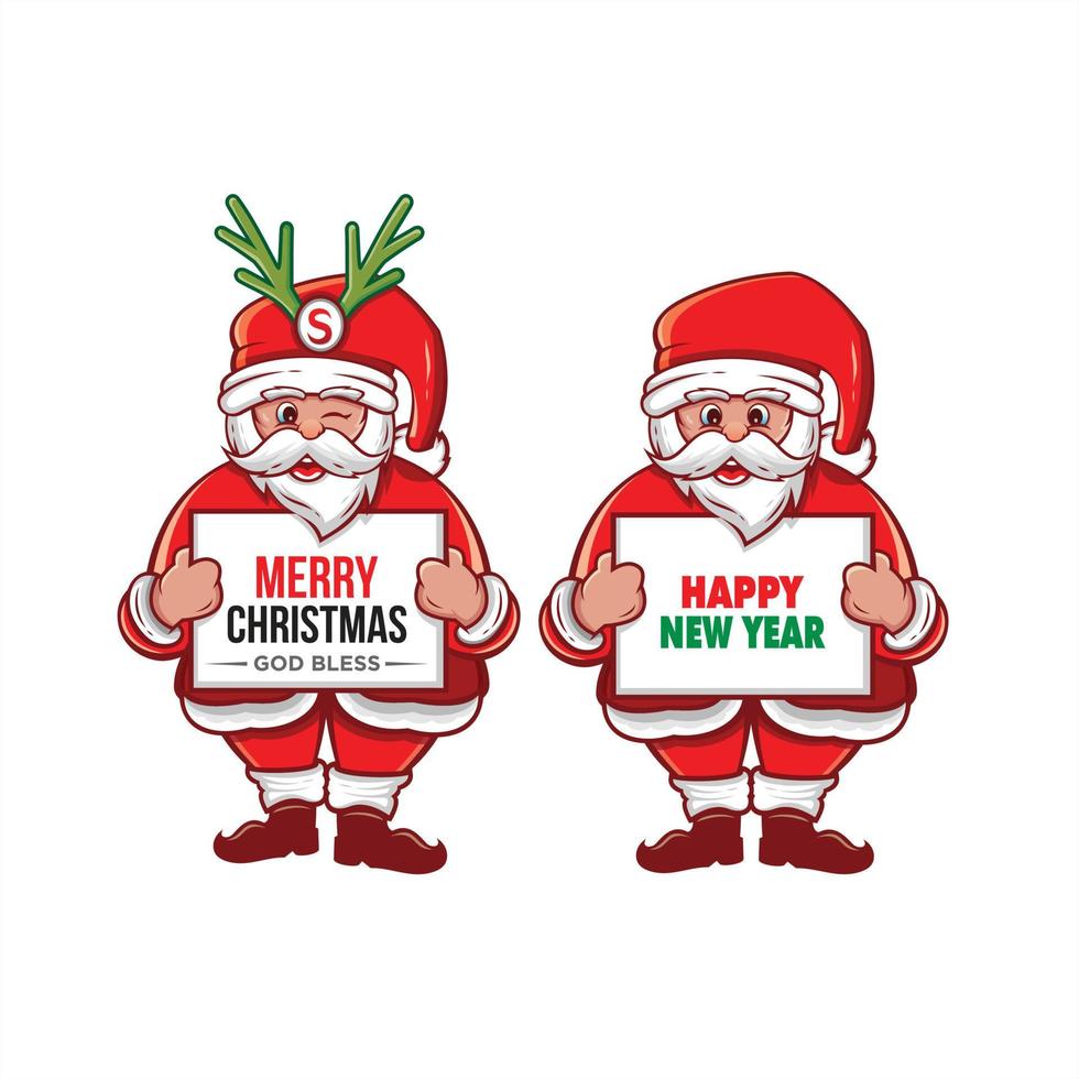 Vector design of santa claus holding a chalkboard greeting merry christmas and happy new year