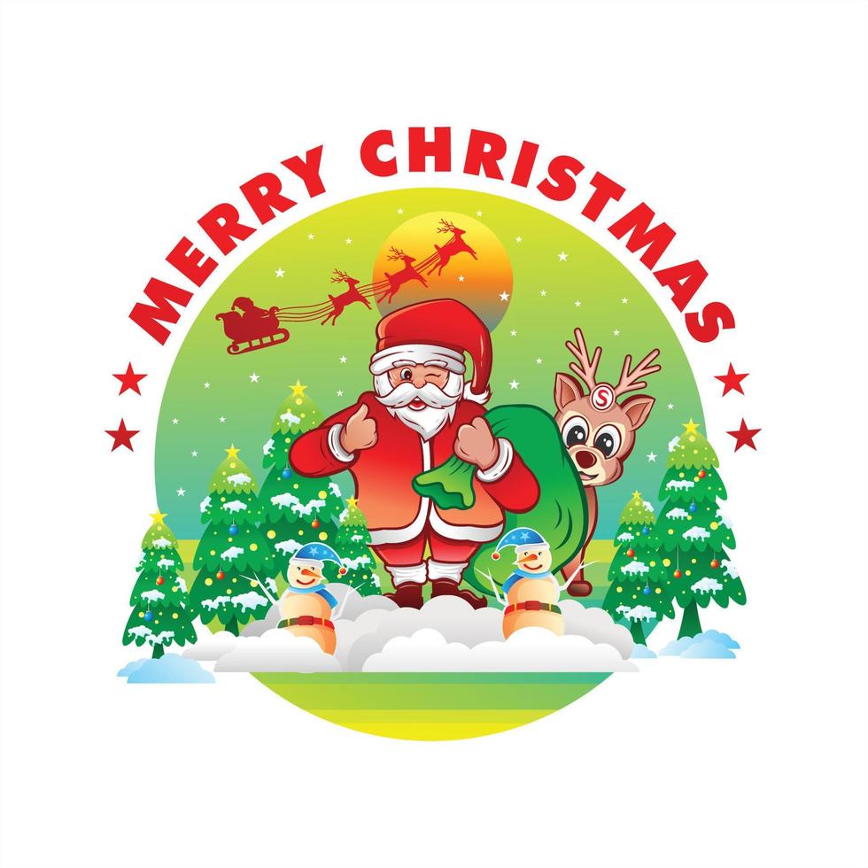 Cartoon illustration of santa claus with reindeer in snow season on christmas day vector