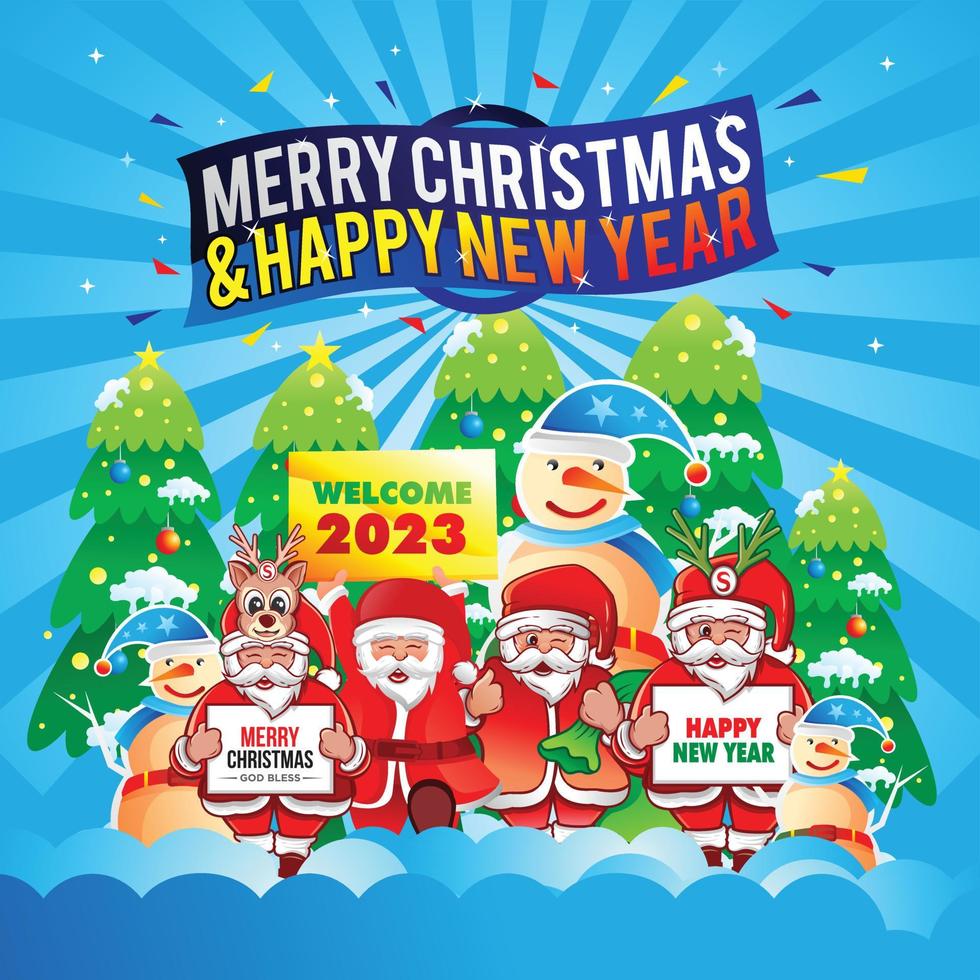 Santa claus gathering wishing merry christmas and happy new year vector