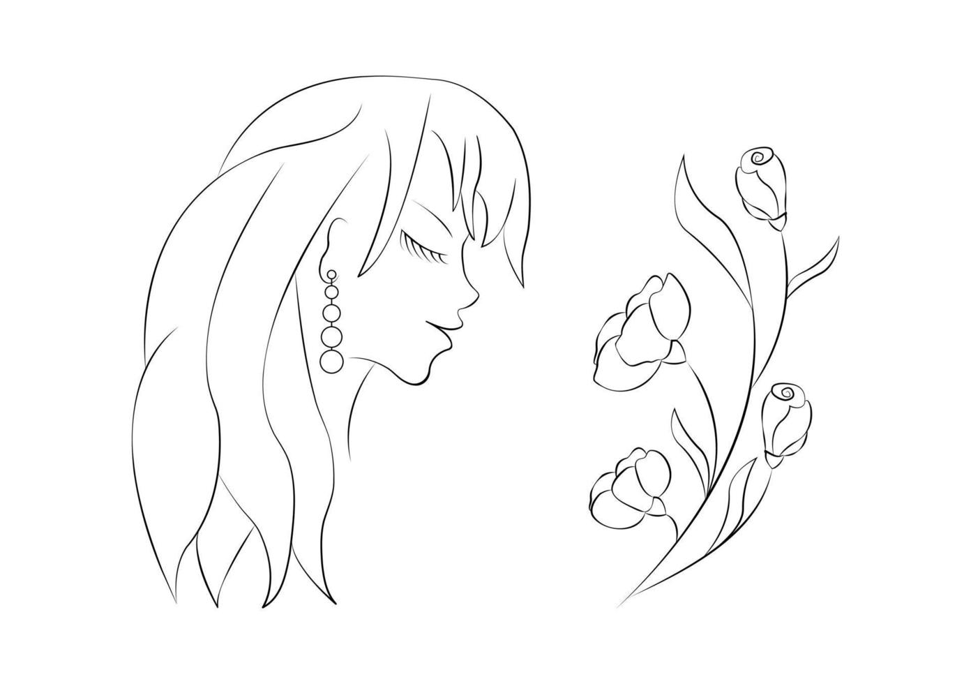 Girl and flowers in line art style. Vector illustration.