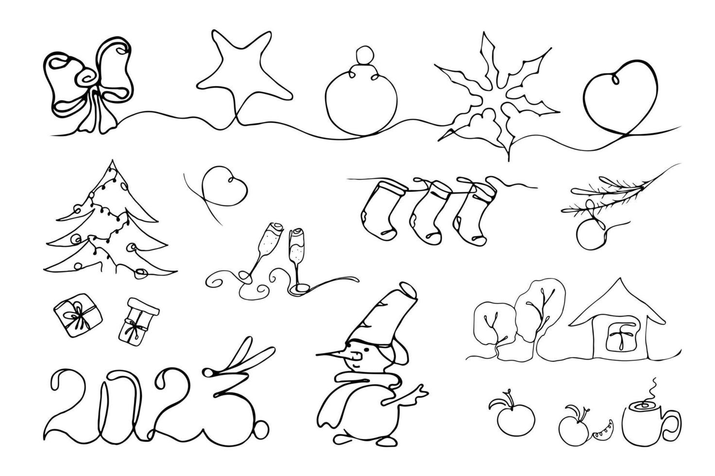 Line art set Christmas elements. Ball star snowflake gifts snowman trees socks. Vector illustration
