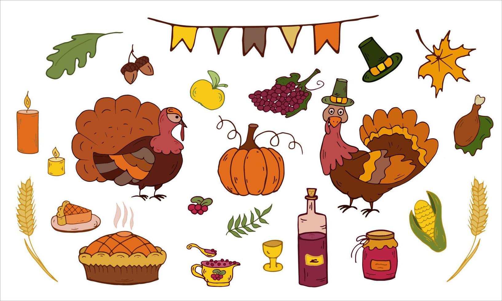 Thanksgiving day set. Elements celebration harvest. Cartoon icons, stickers. Vector illustration.