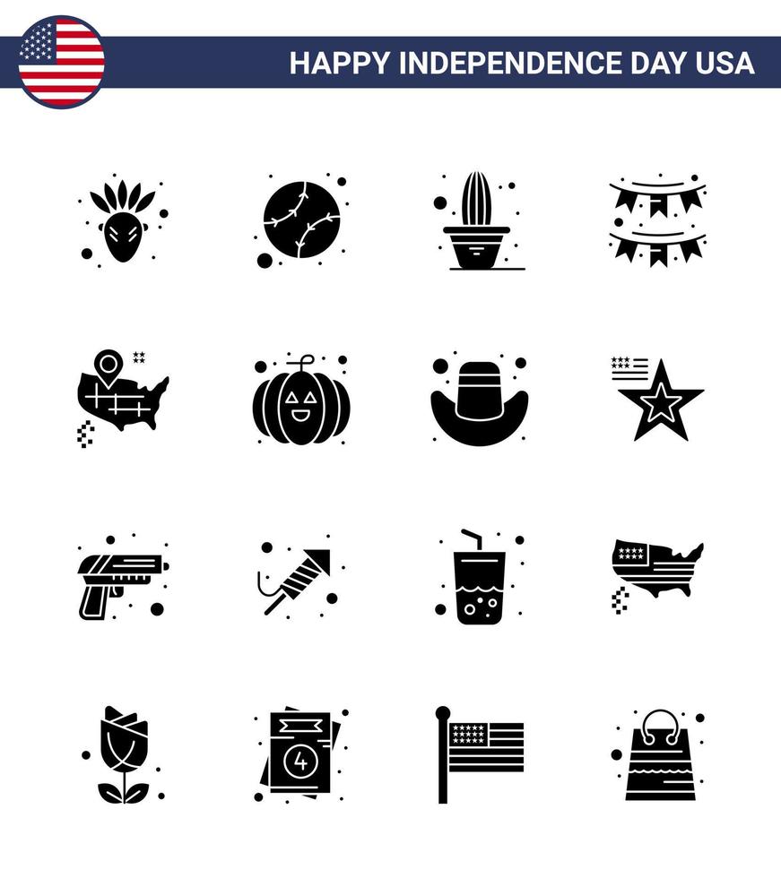 USA Independence Day Solid Glyph Set of 16 USA Pictograms of map garland flower party buntings Editable USA Day Vector Design Elements