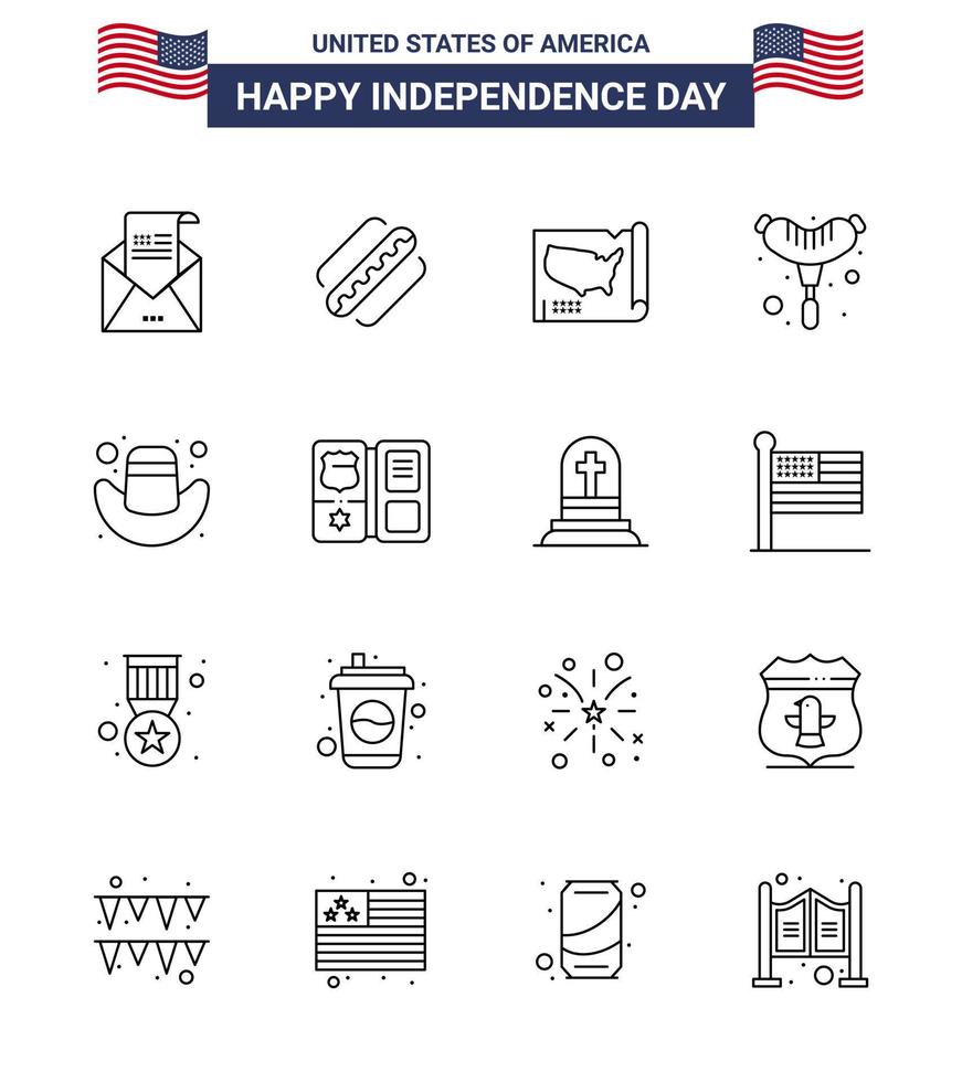 Group of 16 Lines Set for Independence day of United States of America such as cap sausage states frankfurter usa Editable USA Day Vector Design Elements