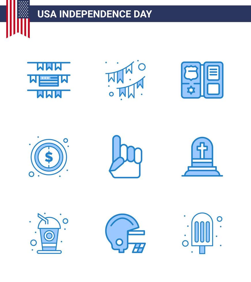 Big Pack of 9 USA Happy Independence Day USA Vector Blues and Editable Symbols of hand sign book dollar usa Editable USA Day Vector Design Elements