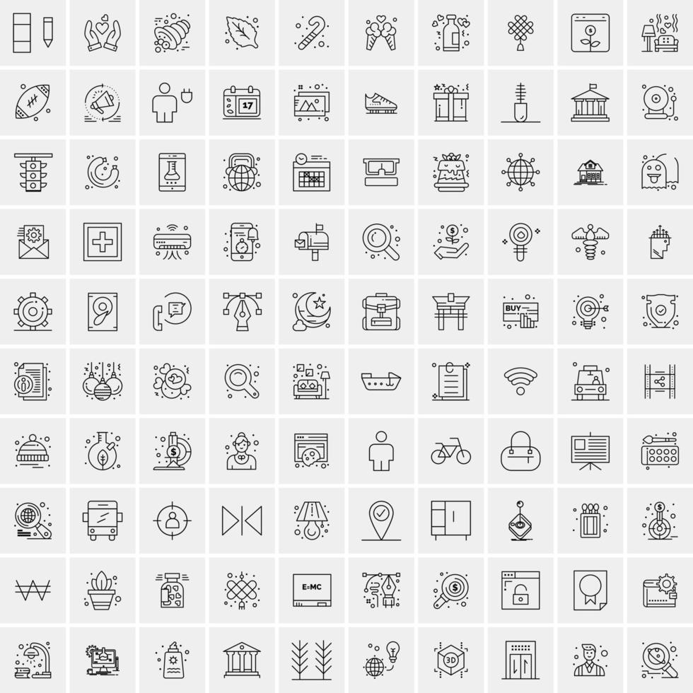 100 Universal Black Line Icons on White Background vector