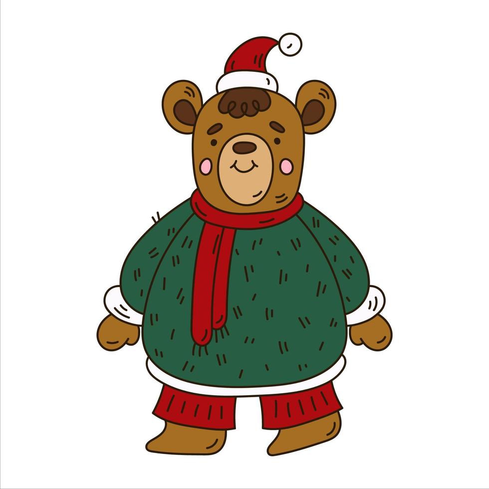 lindo oso de peluche en suéter de punto, bufanda y sombrero de santa. garabato, navidad, carácter vector