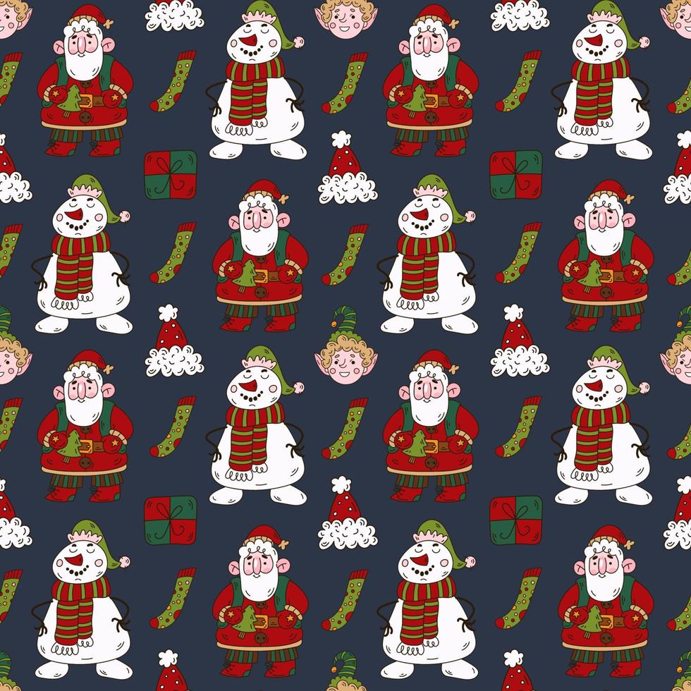 Christmas doodle seamless pattern with snowman, Santa Claus, elf gift and Santa's hat vector