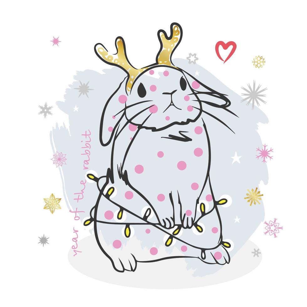 Year of the rabbit, handwritten inscription, a bunny with horns in gold vector