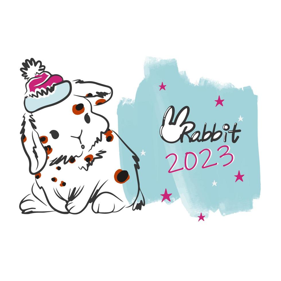 Year of the rabbit, 2023, lettering, cute bunny in a hat vector