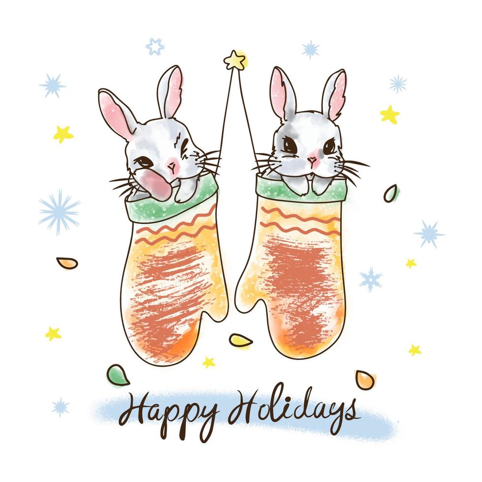 Watercolor rabbits in socks, necessary decorations, Happy holidays vector