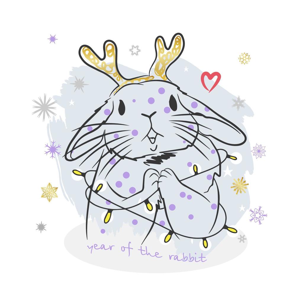 Cute rabbit in a garland, with golden horns, year of the rabbit, handwritten inscription vector