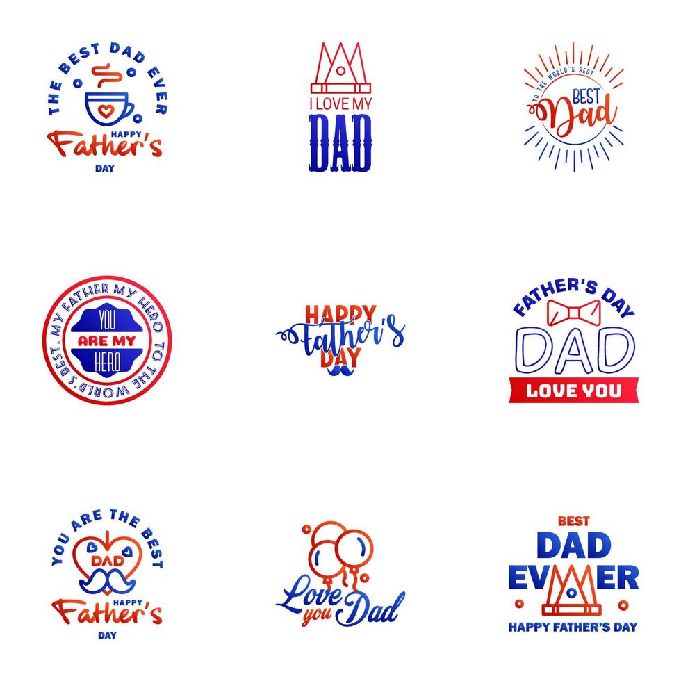 Fathers Day Lettering 9 Blue and red Calligraphic Emblems Badges Set Isolated on Dark Blue Happy Fathers Day Best Dad Love You Dad Inscription Vector Design Elements For Greeting Card and Other