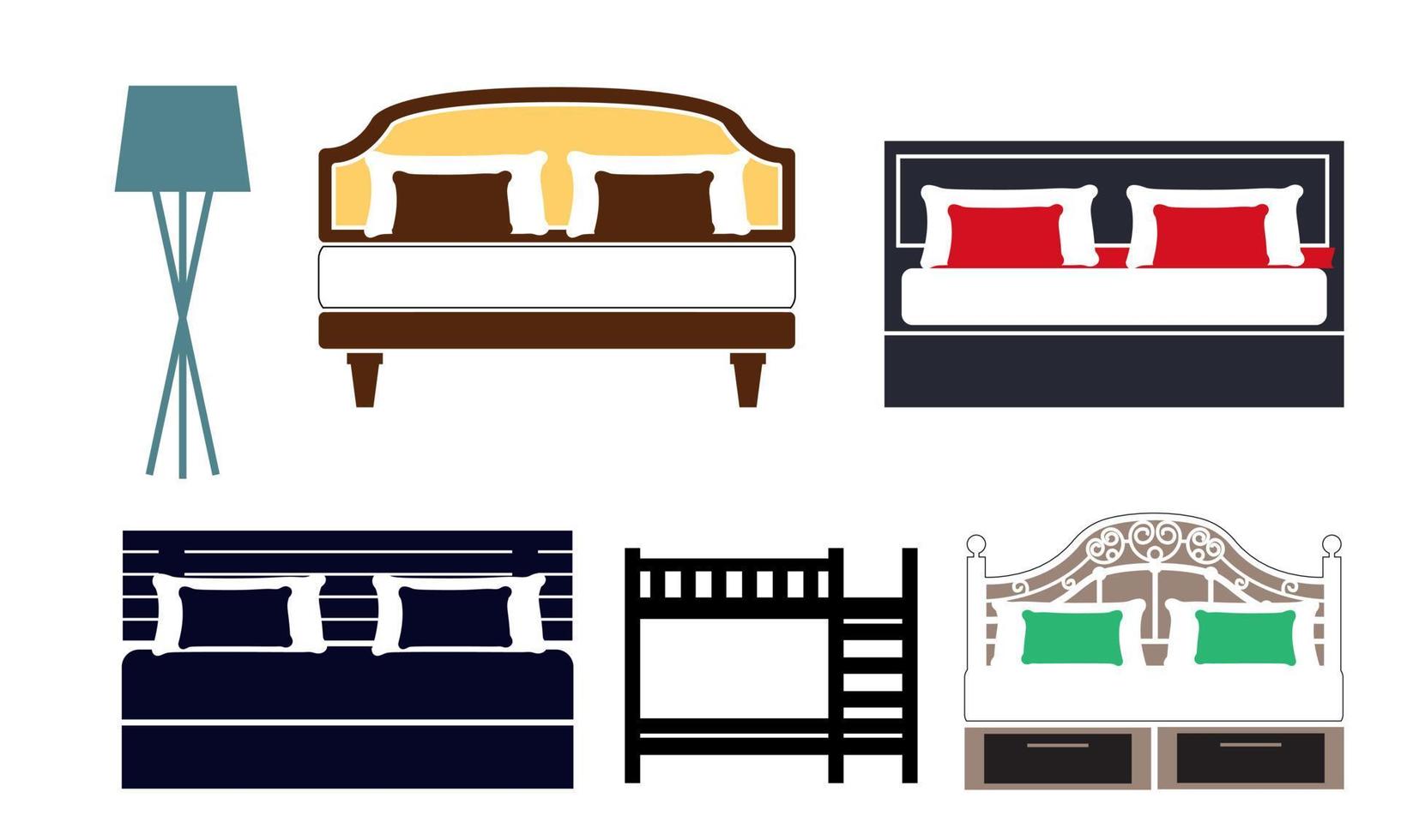 Bed icon on white background. Vector illustration. Colorful graphic set of beds with pillows. Modern bedroom furniture. Flat style vector illustration.