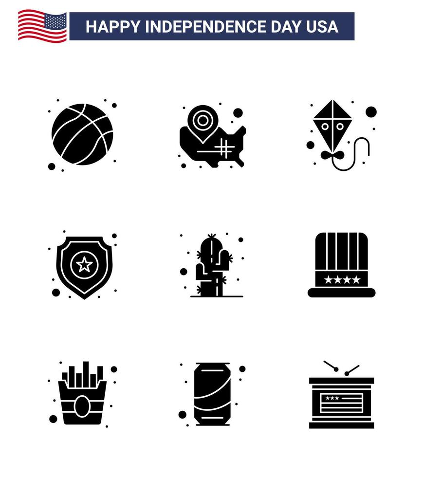 Set of 9 Vector Solid Glyphs on 4th July USA Independence Day such as flower sign location pin star shield Editable USA Day Vector Design Elements