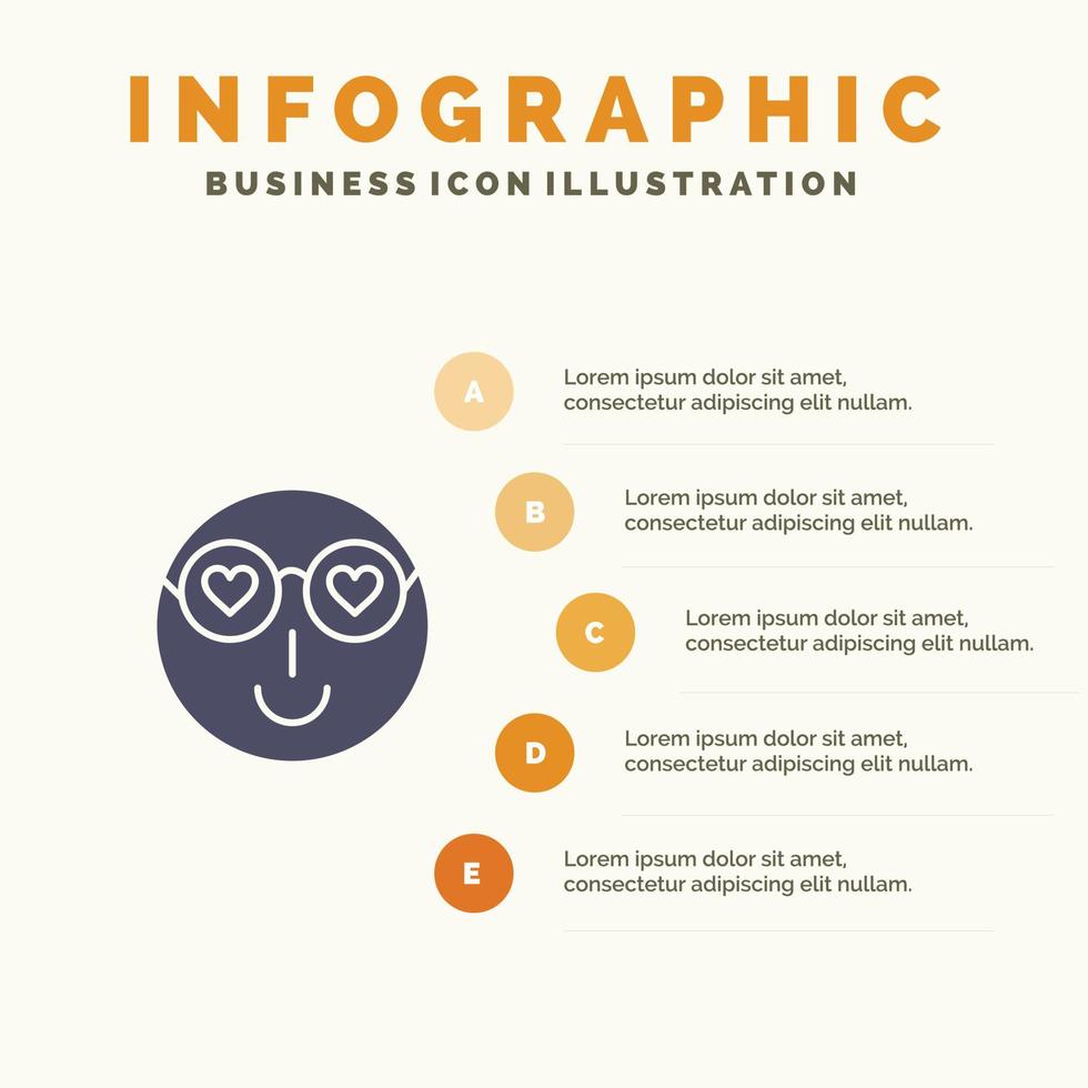 smiley emojis amor lindo usuario sólido icono infografía 5 pasos presentación antecedentes vector