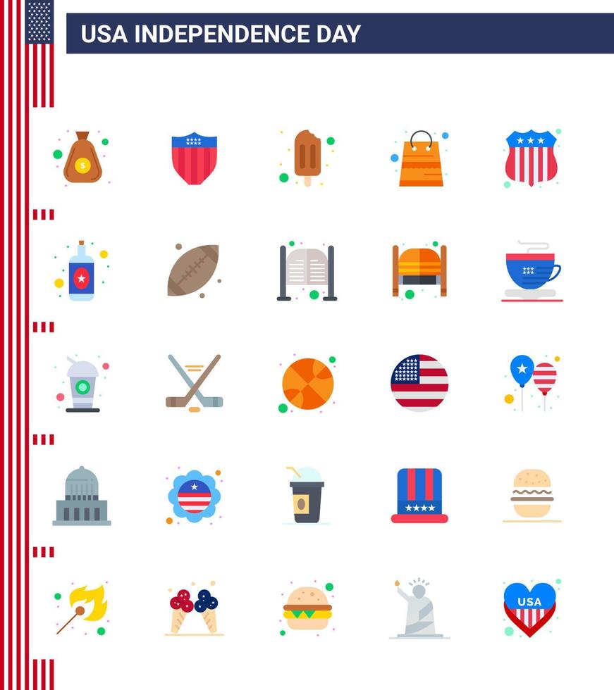 Happy Independence Day USA Pack of 25 Creative Flats of usa police badge ice cream shop money Editable USA Day Vector Design Elements