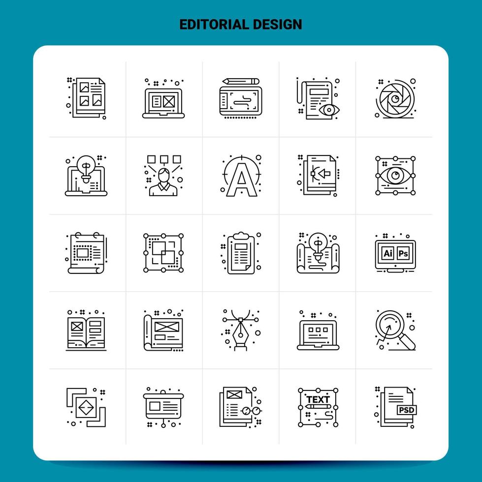 esquema 25 conjunto de iconos de diseño editorial diseño de estilo de línea vectorial conjunto de iconos negros paquete de pictogramas lineales ideas de negocios web y móviles diseño ilustración vectorial vector