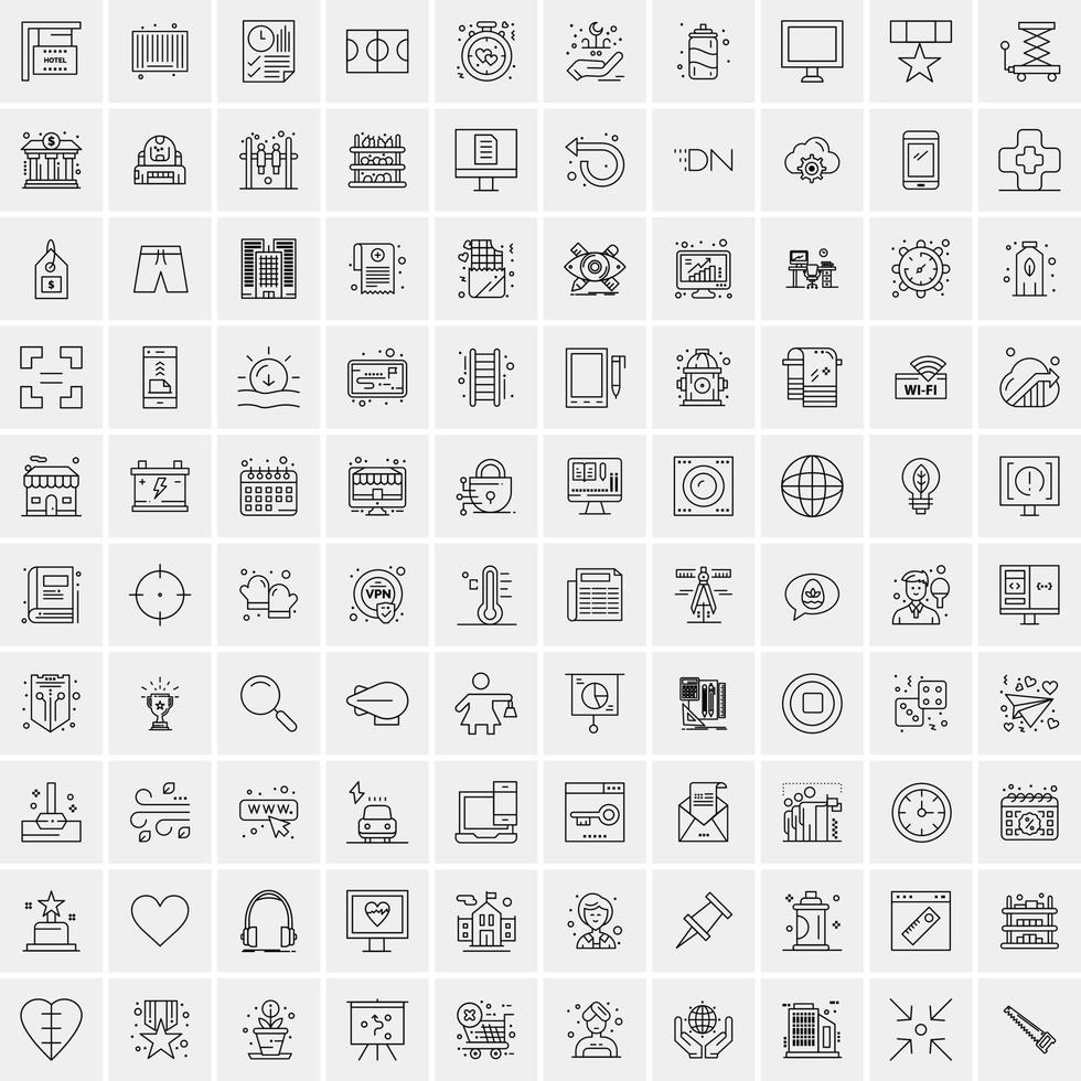 100 Universal Black Line Icons on White Background vector