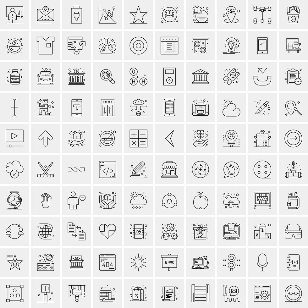 100 Universal Black Line Icons on White Background vector