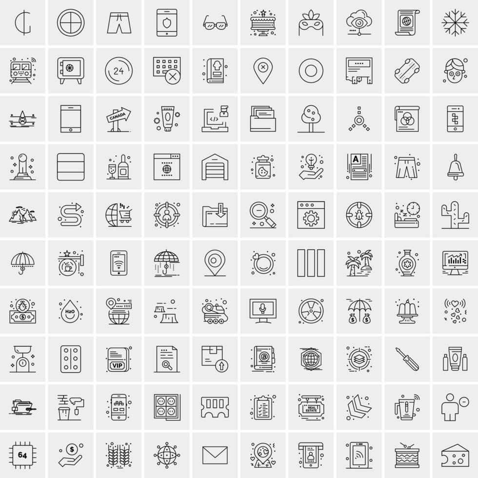 100 Universal Black Line Icons on White Background vector