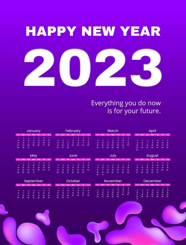 Calendar 2023 template vector, fluid neon gradient. Planner 2023 year, Papper cut wall calendar 2023 year. Liquid shape design. Week Starts sunday, 12 month, advertisement, printing, stationery. vector