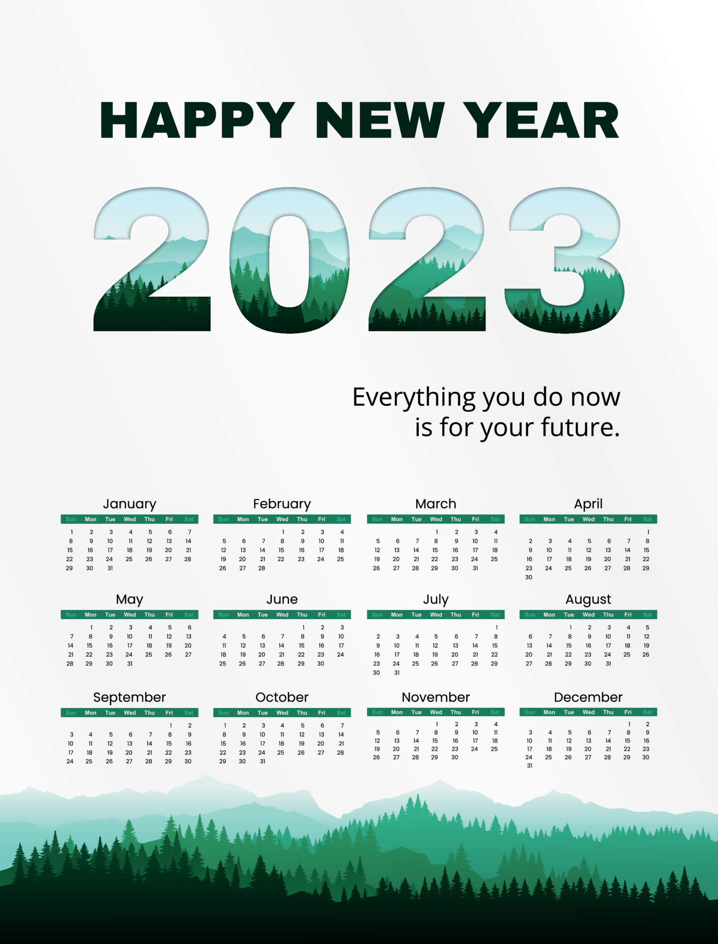Calendar 2023 template vector, forest silhouette. Planner 2023 year