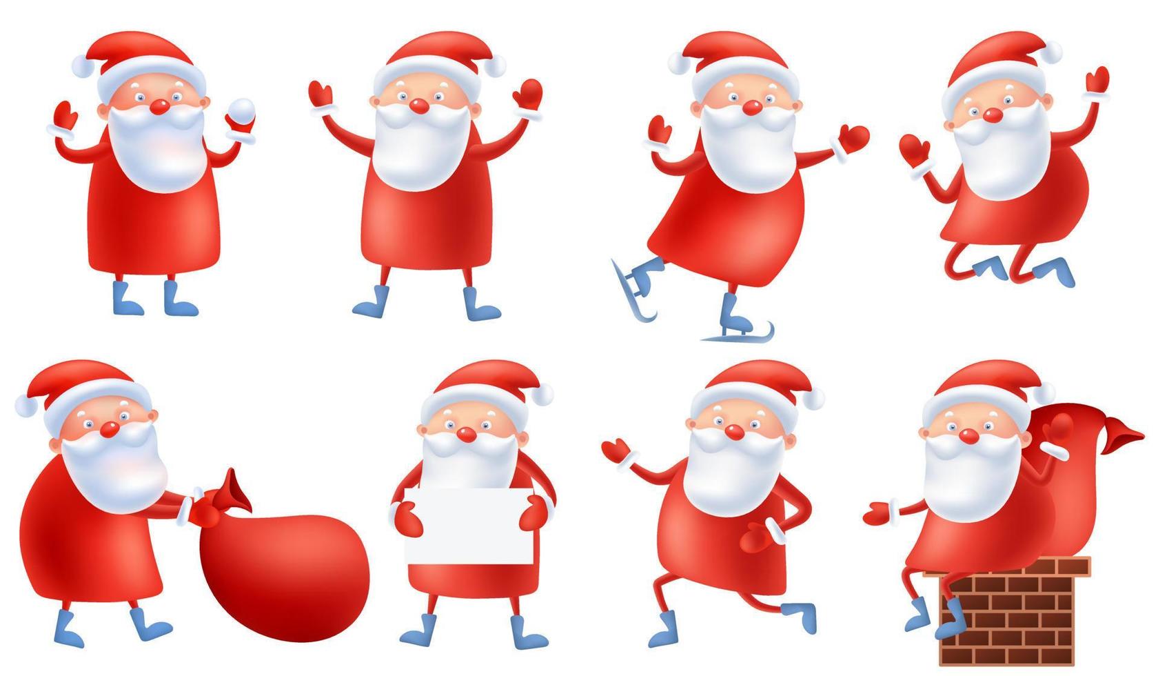 Funny cute cartoon Santa Claus with big bag with presents, in different poses, running, jumping, holding banner. Postcard Merry Christmas and Happy New Year. Merry Christmas vector illustration.