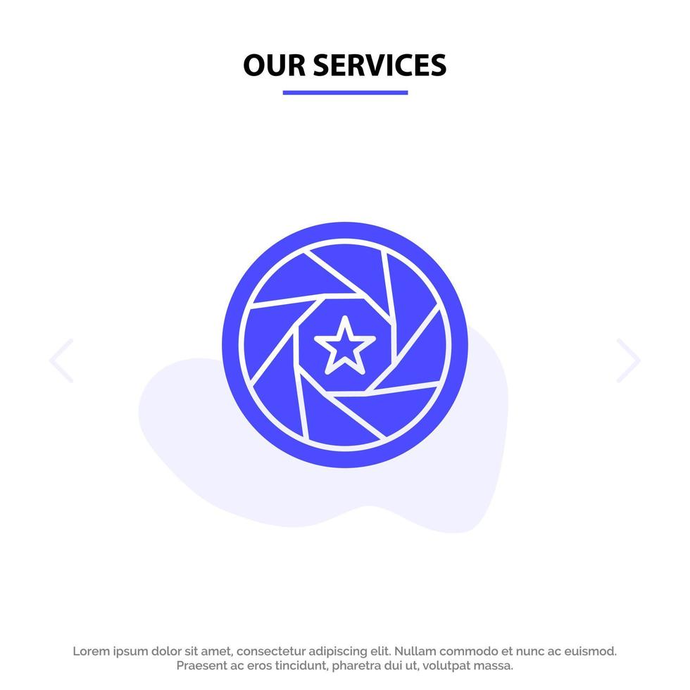 Our Services Aperture Film Logo Movie Photo Solid Glyph Icon Web card Template vector