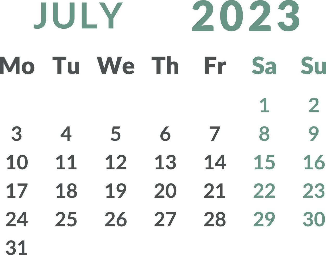 calendario 2023. mes julio. vector