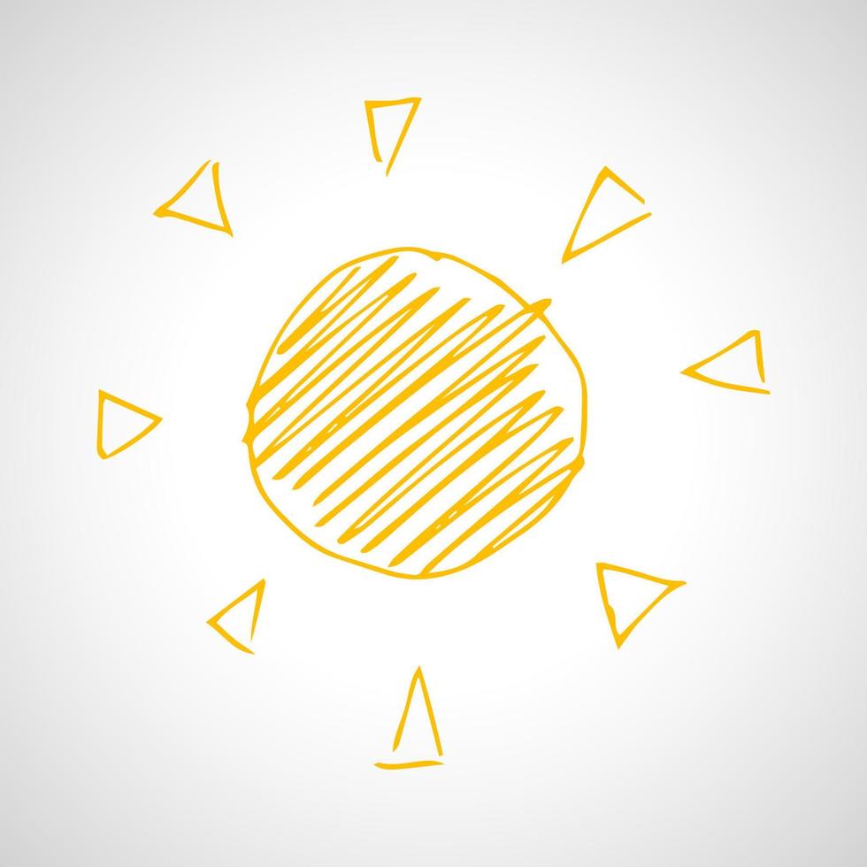 Hand drawn sun. Simple sketch sun. Solar symbol. Yellow doodle isolated on white background. Vector illustration.