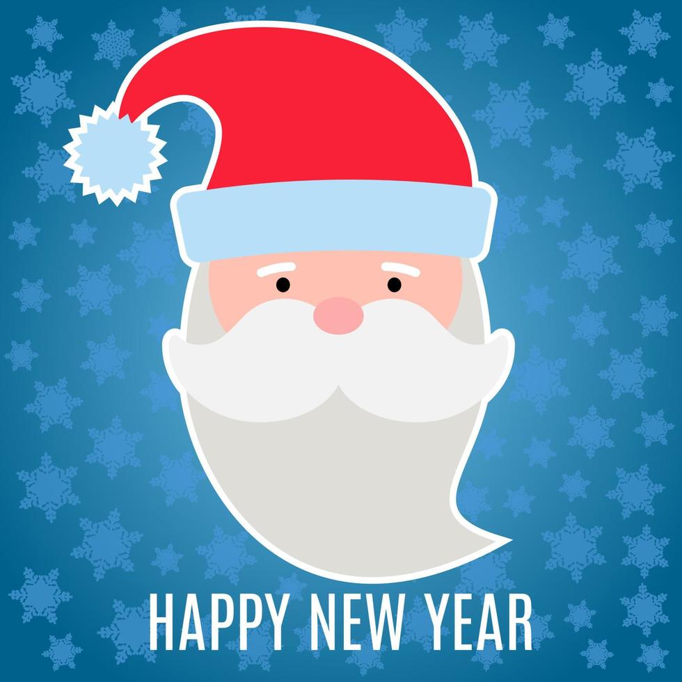 New Year greeting card with Santa Claus on dark blue background with snowflakes. vector