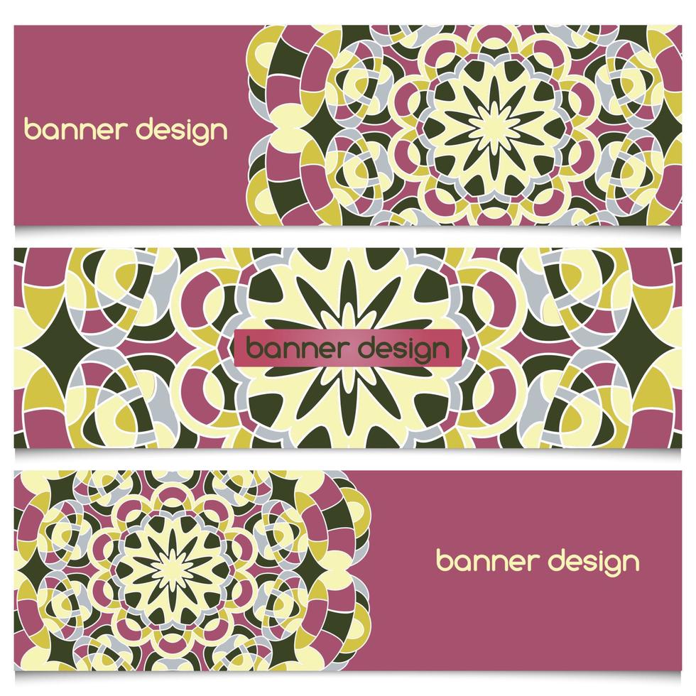 Abstract geometric header vector background with mandala. Set of vector banners with abstract geometric colored shapes. Ethnic pattern cards set.