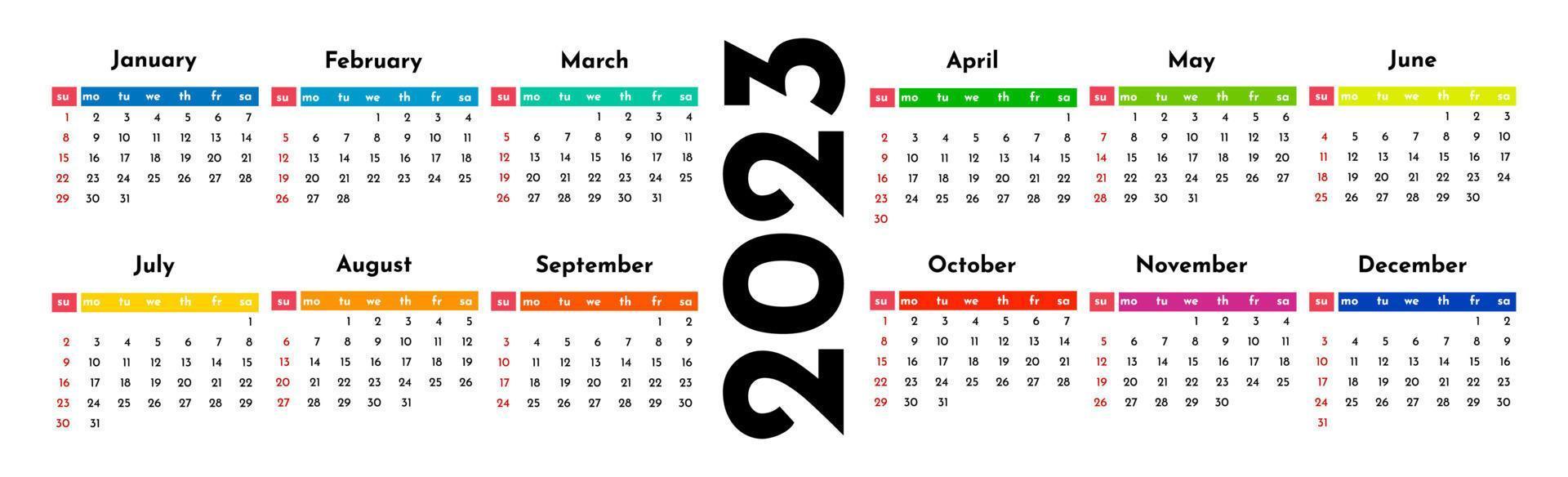 Horizontal calendar for 2023 isolated on a white background. Sunday to Monday, business template. Vector illustration